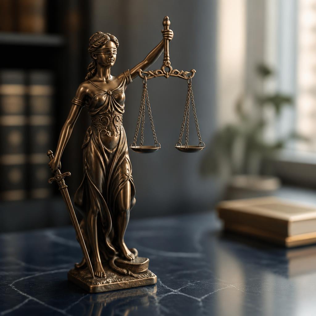 Beeld van Vrouwe Justitia met weegschaal en zwaard als symbool voor rechtvaardigheid