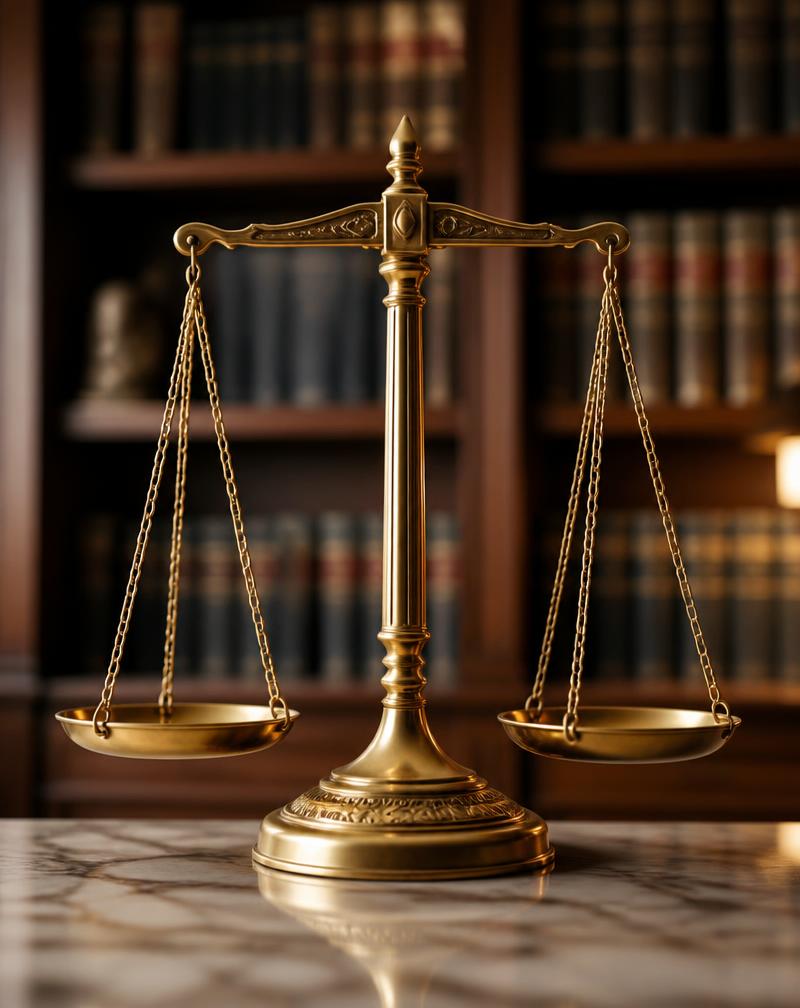 Gouden weegschaal van Justitia op marmer